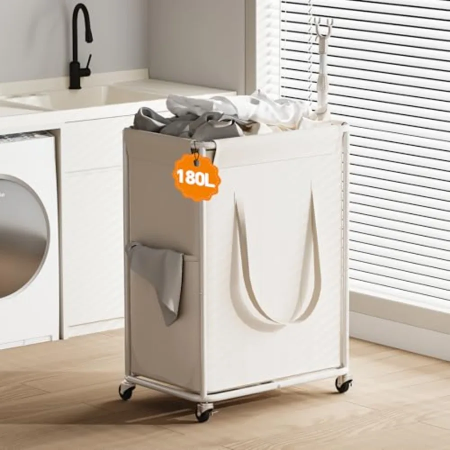 

Большая корзина для белья на 180 л с колесами, металлическим каркасом и съемным мешком для грязной одежды