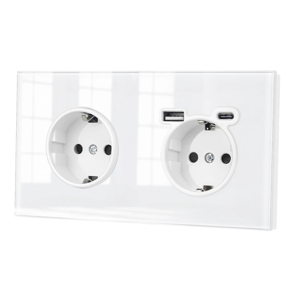 VISWE Usb wall  Socket 220V, White/Black Full mirror crystal glass panel Socket with usb type-c home improvements