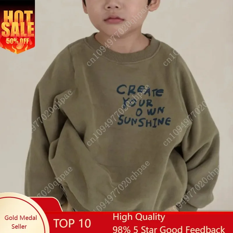 

4834 Детская одежда: Новая осенняя толстовка для мальчиков, повседневный свитшот с принтом букв, флисовый пуловер с длинным рукавом