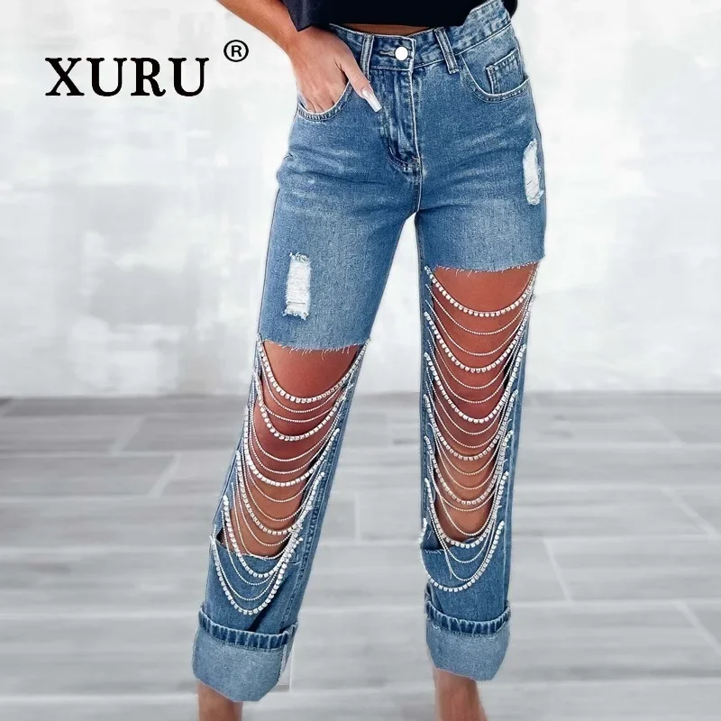 

XURU - European and American Big Hole Jeans for Women, Women's Wear, Chain Hanging Straight Length Jeans, K82-3286, New