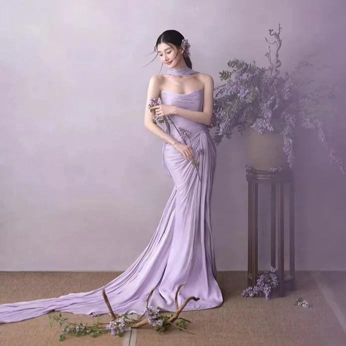 Customized Elegant Temperament Dignified Chinese Style Strapless Wedding Dresses Charming Purple Ribbon Floor Length Bridal Gown