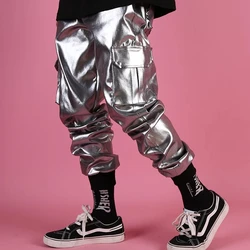 Folk Dance Singer  Party  Show Jazz dancer boy men Silver Fashion Pu Leather Dancer Pant