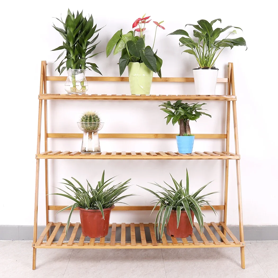 

L # Garden Yard Bamboo Plant Stand Folding 3 Tier Flower Pot Display Shelf Indoor Outdoor
