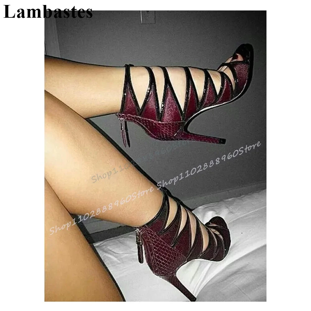 Stijlvolle Effen Strappy Splicing Sandalen Dunne Hoge Hak Schoenen Voor Vrouwen Terug Rits Peep Toe 2025, Modieuze Zapatillas Mujer