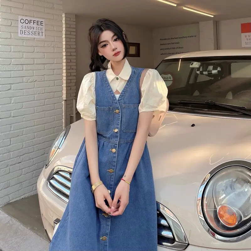 Korean Style Sleeveless Strap Dress Women 2024 Summer V-neck Single-Breasted Pockets Denim Dresses Woman Loose A Line Mini Dress