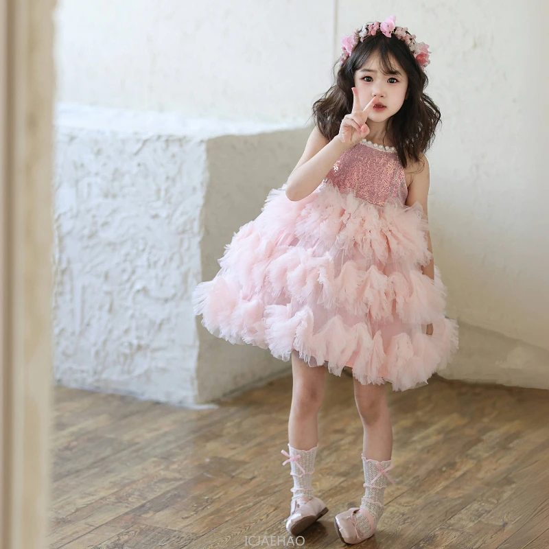 Girls Clothes Dress Pink Flower Girl Dresses With Train Birthday Vestido Children Pageant Host Tutu Gown Kids Wedding Outfits
