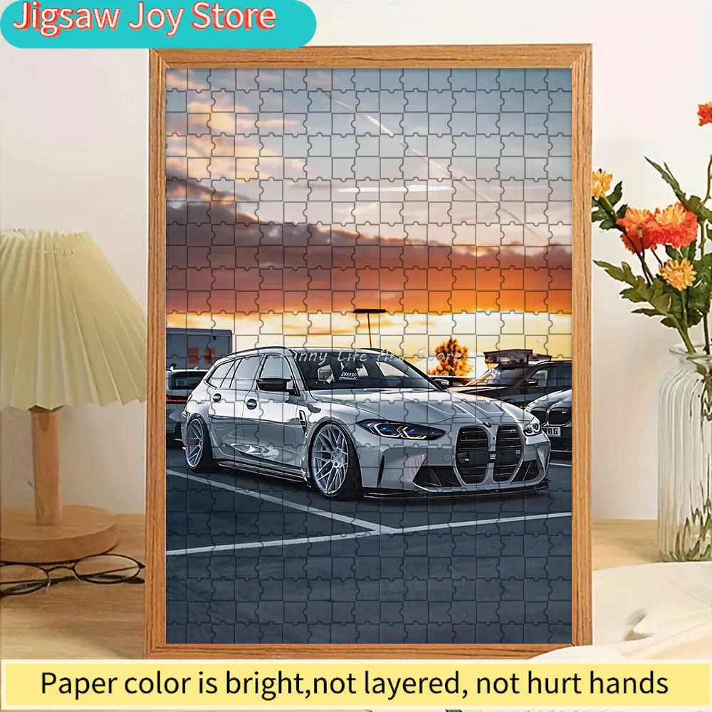 

Paper Jigsaw Puzzle Sleek Silver BMW M3 Touring Sports Wagon with Sunset Parking Lot Scene Art Print Wall Decor Modern German Pe