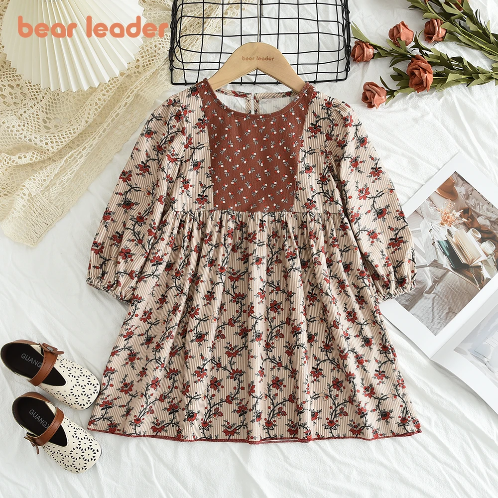 Bear Leader Autumn Girls 3-7 Years Old Khaki Floral Round Neck Long Sleeved Corduroy Dress Children\'s Casual Wear Girls Clothes