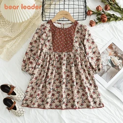 Bear Leader Autumn Girls 3-7 Years Old Khaki Floral Round Neck Long Sleeved Corduroy Dress Children's Casual Wear Girls Clothes