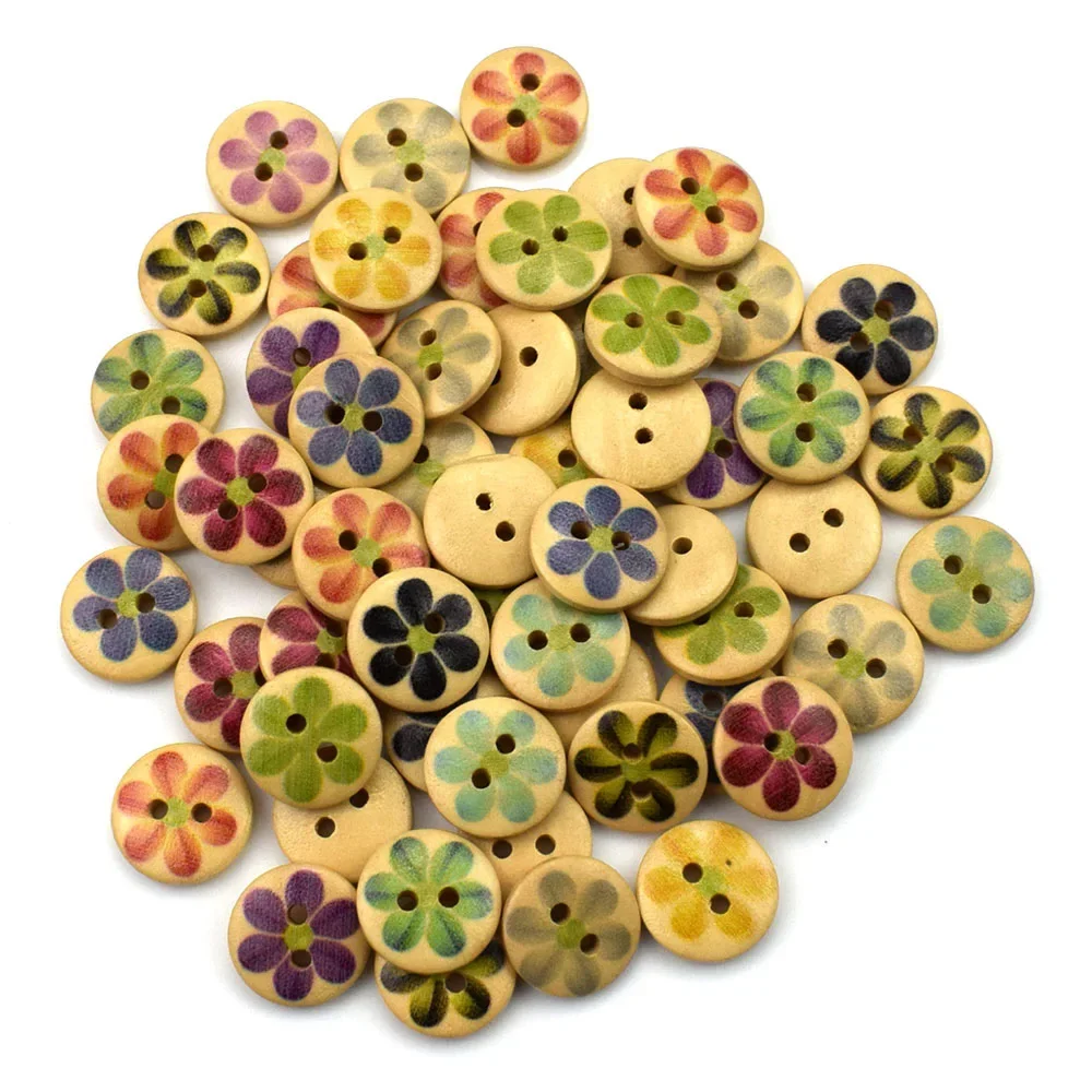 50 pçs 15mm 2 furos botões redondos de madeira bonito impresso flores botão de costura roupas para casa costura scrapbooking decoração acessórios