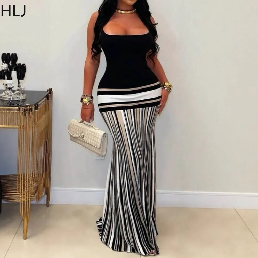 

HLJ Sexy Color Block Bodycon Dresses for Woman Spaghetti Strap Sleeveless Backless Long Dress Female Streetwear Vestidos 2025