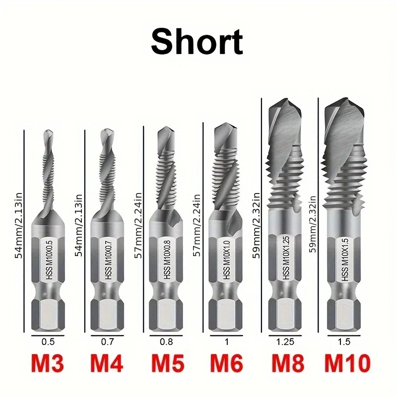 6pcs  Drill Tap Combination Bit Set - Metric Thread M3 M4 M5 M6 M8 M10 Taps Tool For Screw Tapping Countersink Drilling