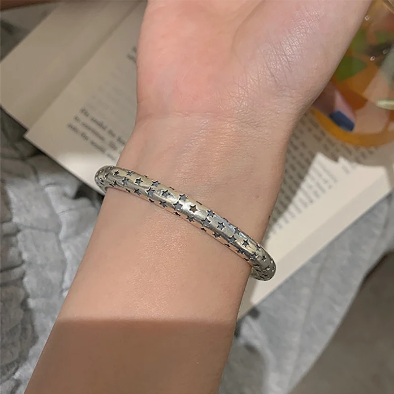 Foxanry Silver Color Star Pattern Cuff Bracelets For Women Couples Fashion Personality Vintage Simple Daily Party Jewelry Gifts image 4