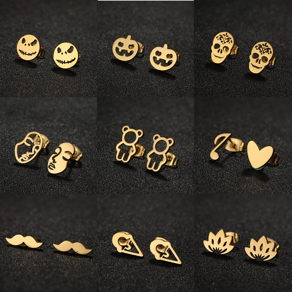 Minimalist Tragus Piercing Stainless Steel Gold Woman Earring Cartoon Pumpkin Skull Fancy Stud Earrings Trend 2023 Aretes