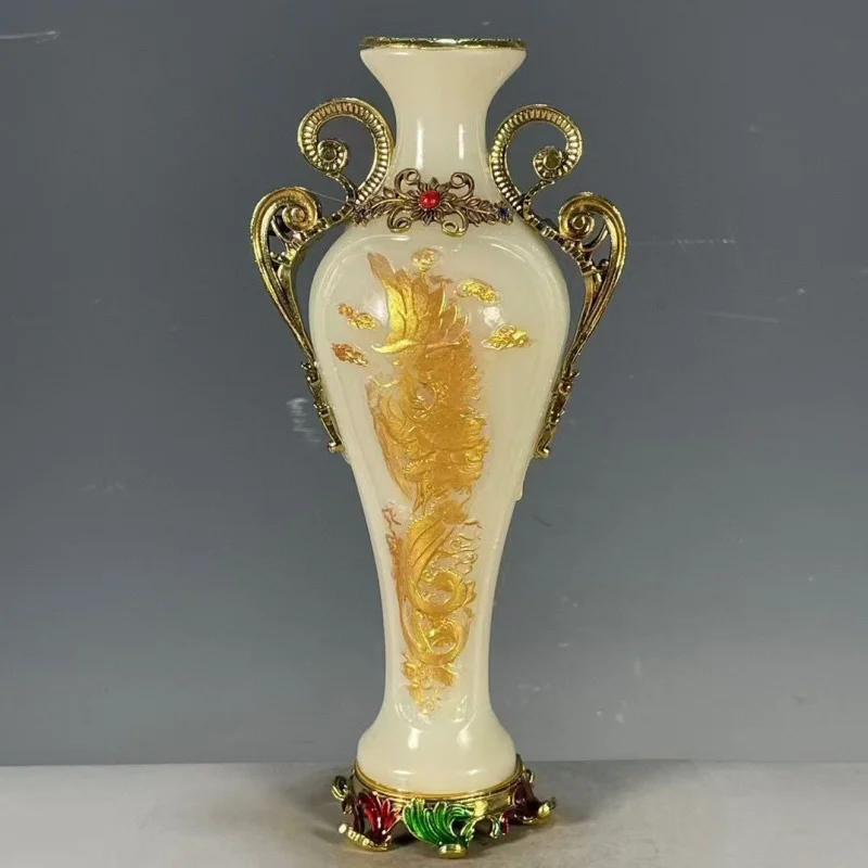 Antique Style Jade Resin Vase Ornament with Gold-Plated Dragon and Phoenix for Home Living Room Decoration Antique Craft