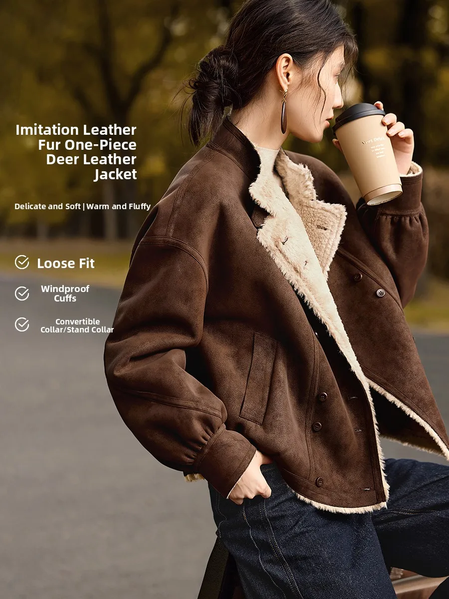 XWI レディース スエード ジャケット サーマル裏地付き カジュアル ファッション 冬用 クールでエレガントなコート ストレートチューブ型