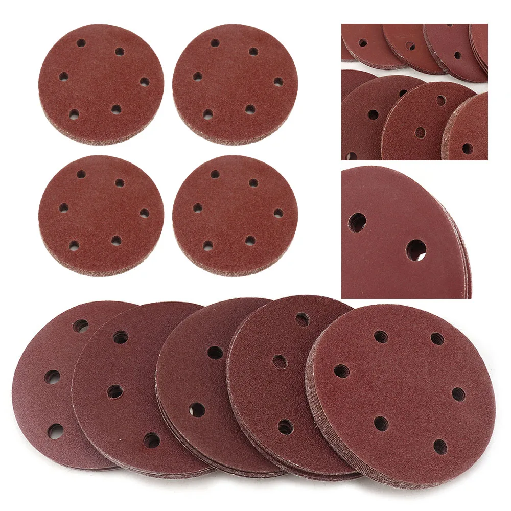 100 sztuk papier ścierny okrągły kształt tarcze szlifierskie 125mm Hook Loop papier ścierny polerowanie arkusz papieru ściernego 6 Hole Sander nakładka polerska