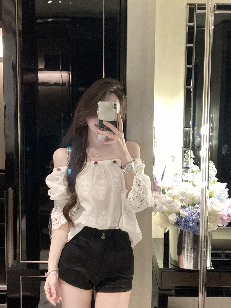 

Sexy Lace One-oulder Top Women's Ele Faion Spring Summer irt Commute Sle Loose Fit Long Sve Pure Color