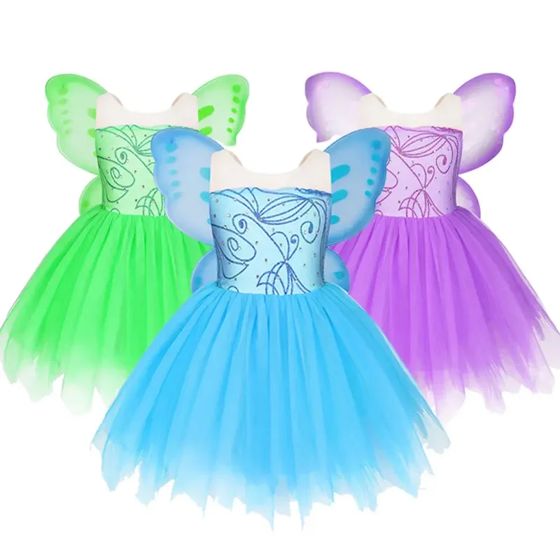 Pixie Fairy Costume for Girls 2023  Princess Tinker Bell New Blue Purple Dress Wing Toddler Fancy Birthday Party Gowns