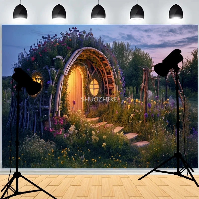 Сказочный Дом Сказочный фон для фотосъемки с окном с бутоном цветами снегопадом зимняя дорожка фотостудия фон