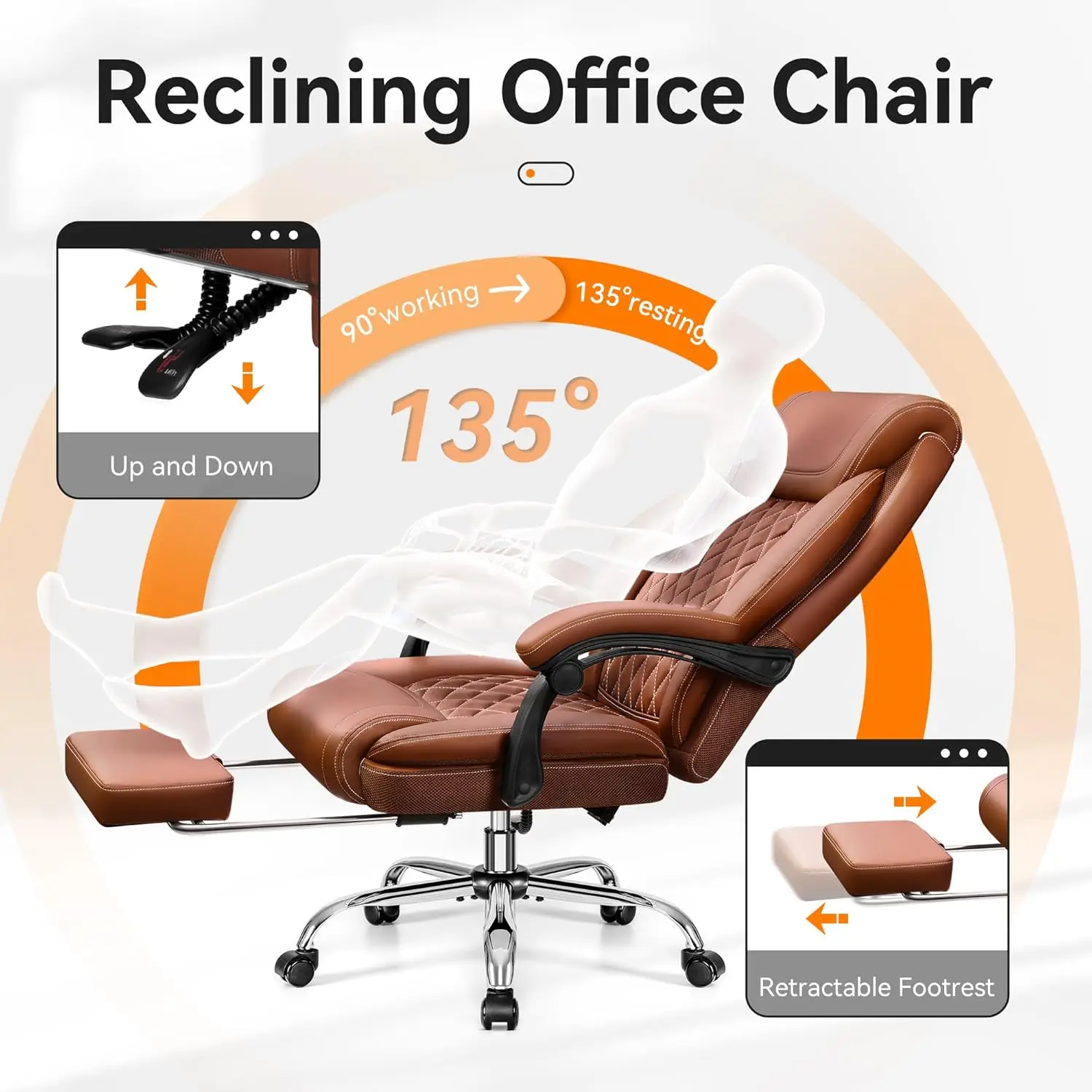 Executive Leather Chair Adjustable High Back, Ergonomic Computer Desk Chair Lumbar Support