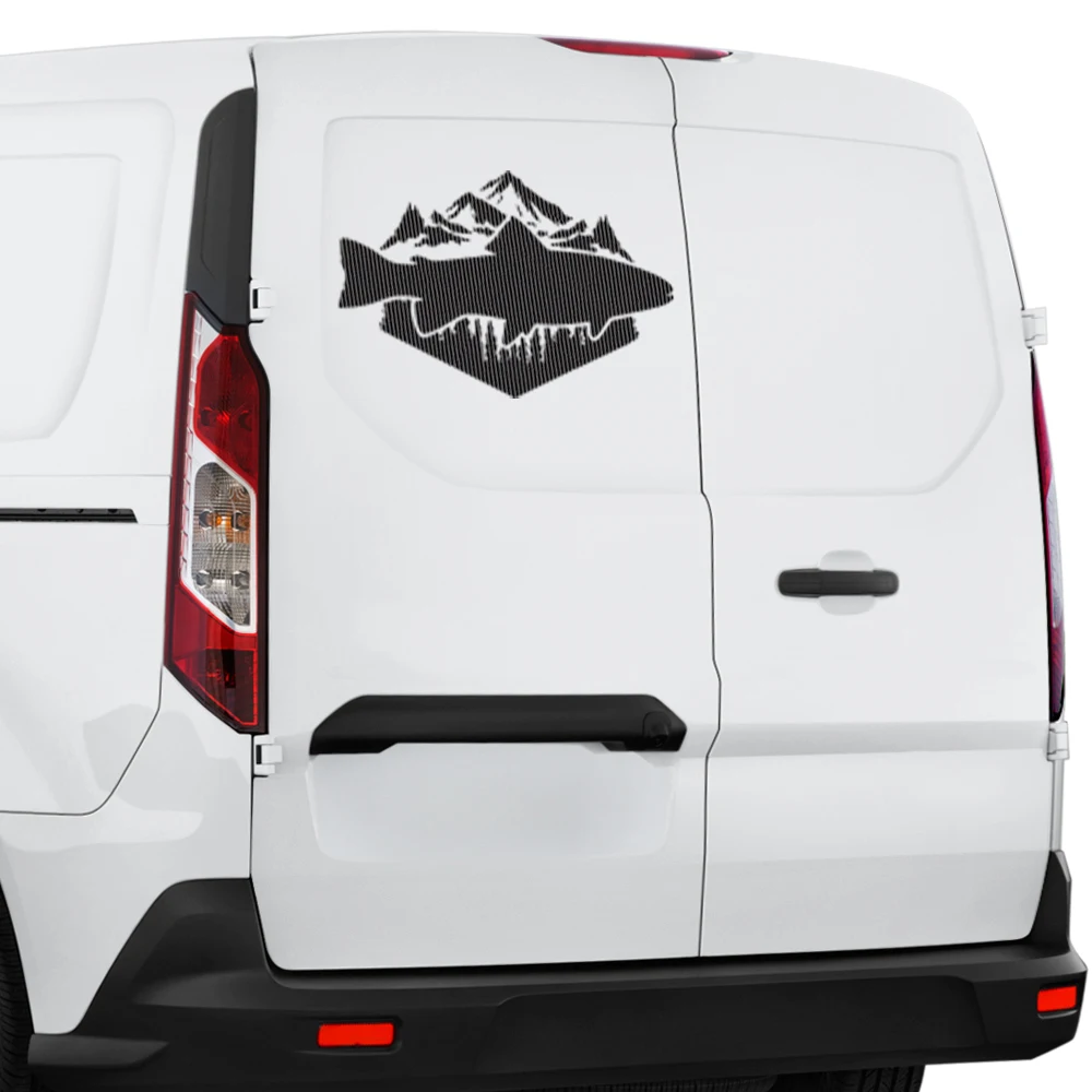 Mountain Salmon Fish Car Sticker PVC Vinyl Decal Outdoor Fishing Graphic Decal Waterproof Sticker for Van SUV Auto Exterior