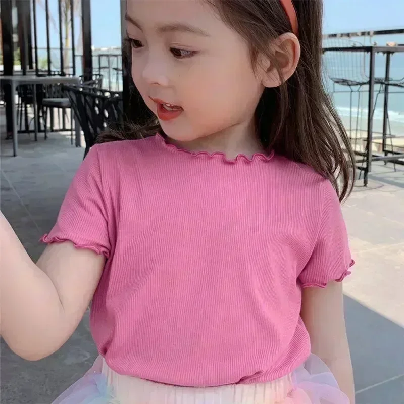 

Girls Casual Ice Silk Short Sleeved T-shirt Summer Children Ear Edge Top 2-10 Years Old Girl Versatile Half Sleeved Clothes