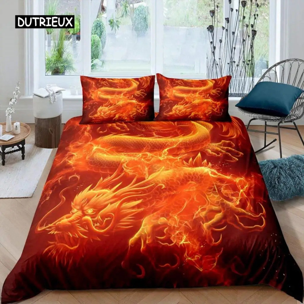 Red Flame Dragon Duvet Cover Set Chinese Dragon Culture Fairy Tale Bedding Sets Microfiber for Children Women Men Bedroom Decor