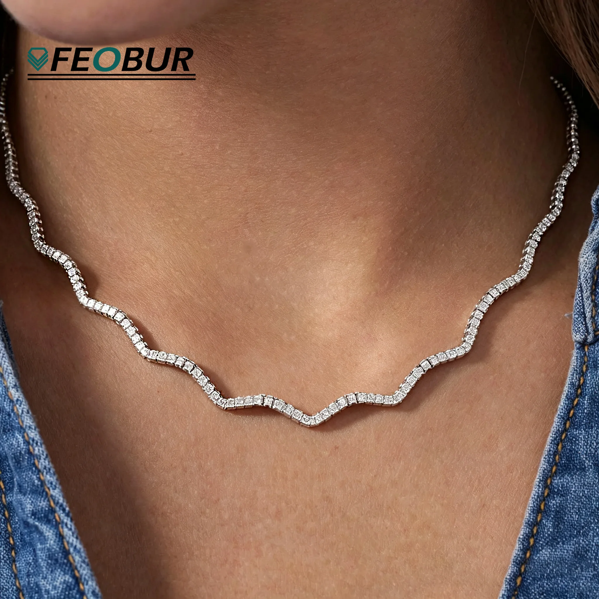 2mm Moissanite Tennis Choker for Women Party 925 Sterling Silver Wave Shaped Necklace Adjustable Lab Diamond Luxury Jewelry Gift