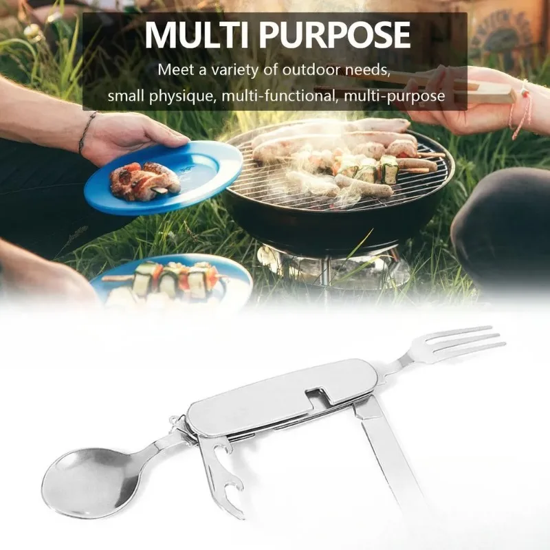 Multifunctional Foldable Detachable Cutlery Set Stainless Steel 4-in-1 Camping Fork Spoon Knife Opener for Hiking Travel Outdoor