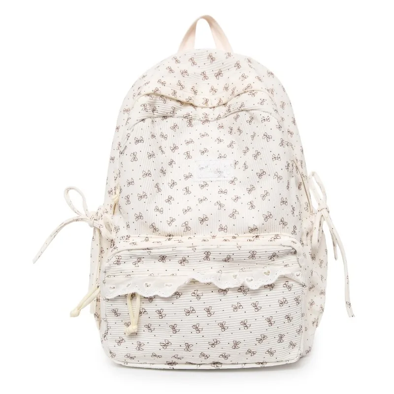 Winter Corduroy Backpack with Bow Print Lace Kawaii Cute School Bag Korean Style Travel Daypack for Girls Teens Students