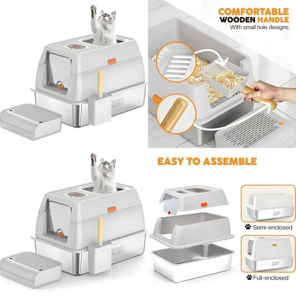 

Лоток для кошачьего туалета из нержавеющей стали с ограждением, совок для уборки, высокие бортики, защита от запаха, нелипкий, 60x40 см (белый)