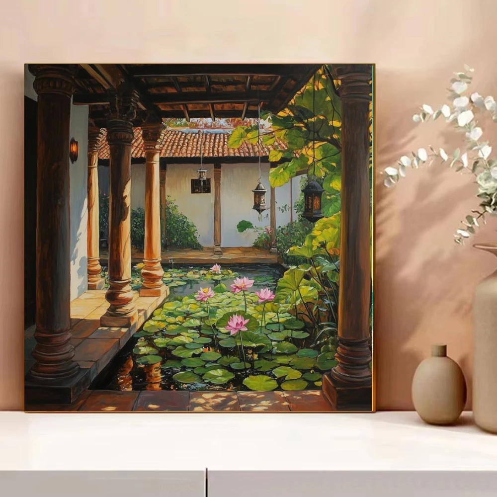 Courtyard Corridor Lotus Pond Scenery Jigsaw Puzzles 500PCS/1024 PCS Wall Decor for Living Room Bedroom Perfect Gift No Frame