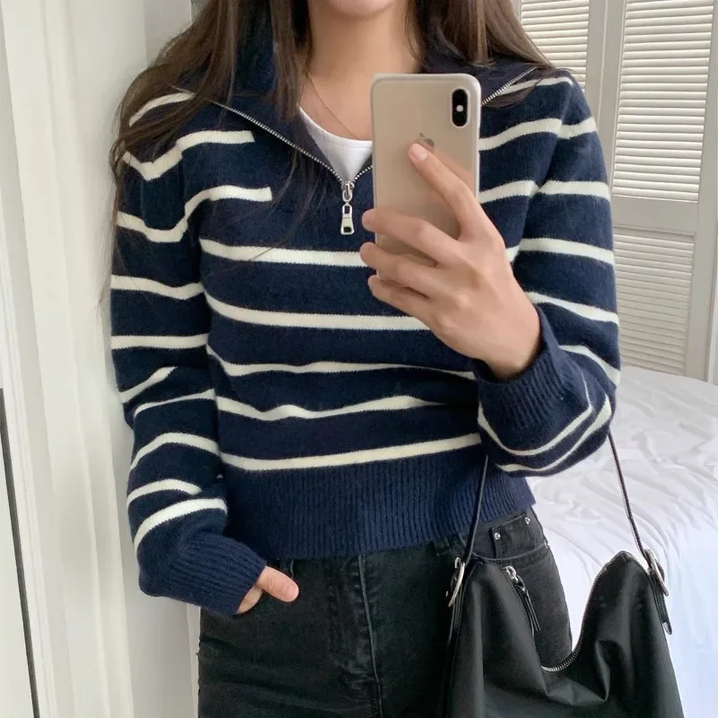 Winter Vintage Fashion Women Sweater Half Zip Striped Casual Sailor Collar Korean Knitted Pullover Tops Autumn Elegant Knitwear