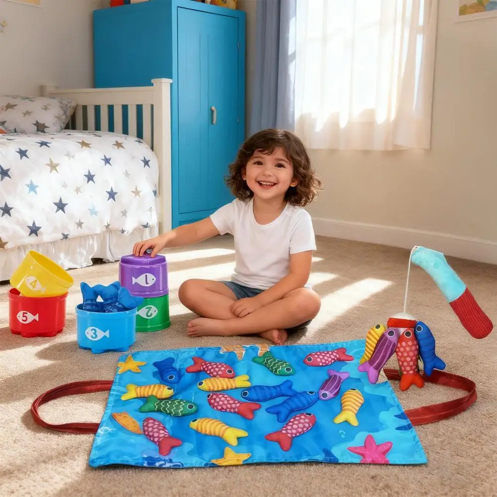 Kids Fishing Toys Plush Little Fishpond Set Simulating Fishing Games Number Color Cognition Fine Motor Training Montessori Toys