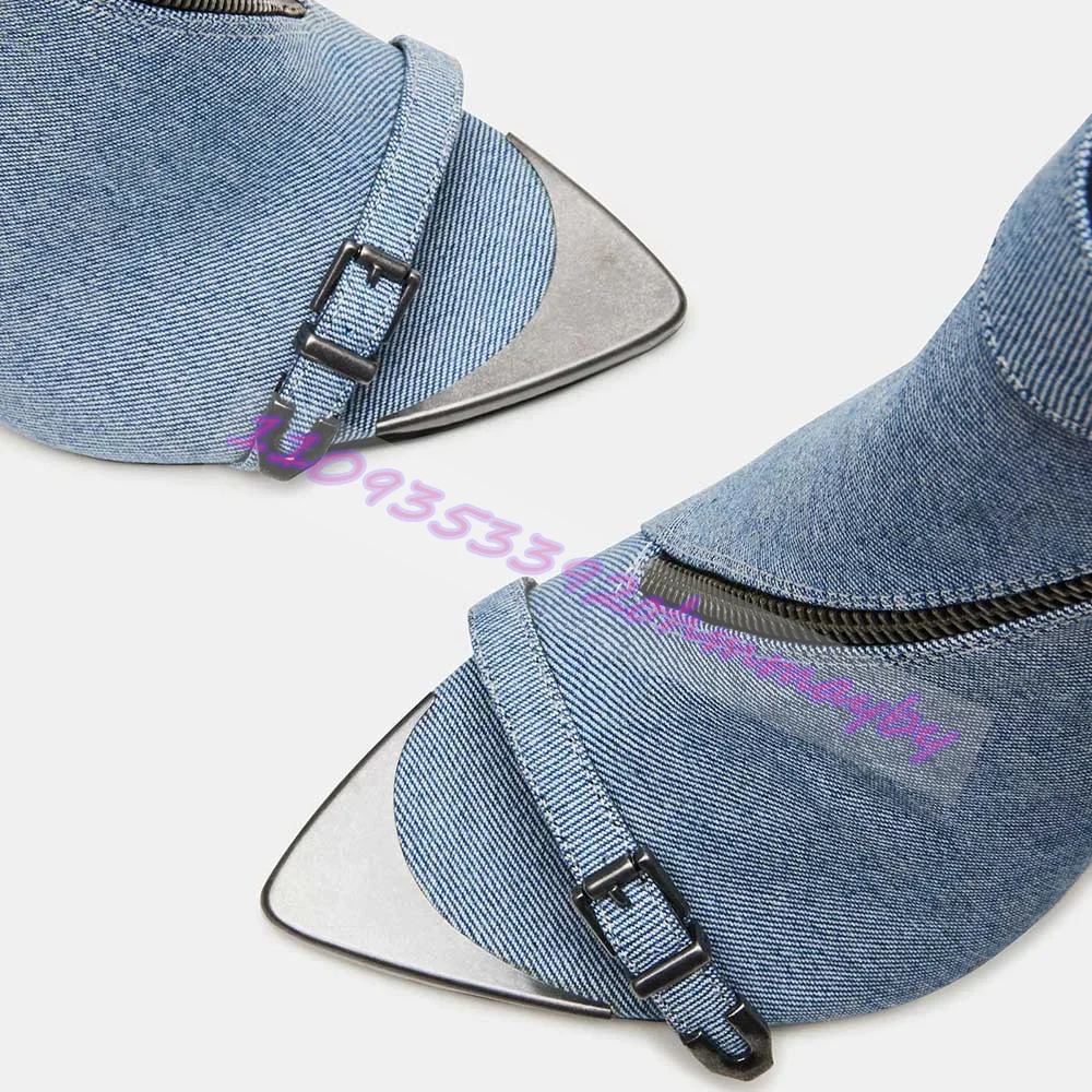 Summer Blue Denim Pointed-Toe Boots For Women Open-Toe Leather Belt Buckle Sandals Fashion Metal Pointed-Toe Zipper High Heels view 3