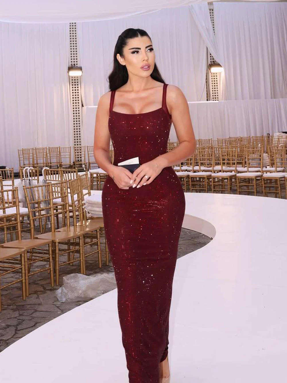 European And American Sexy Backless Long Fishtail Dress With Camisole Slim Fit Rhinestone Micro Perspective Dress Formal Gowns