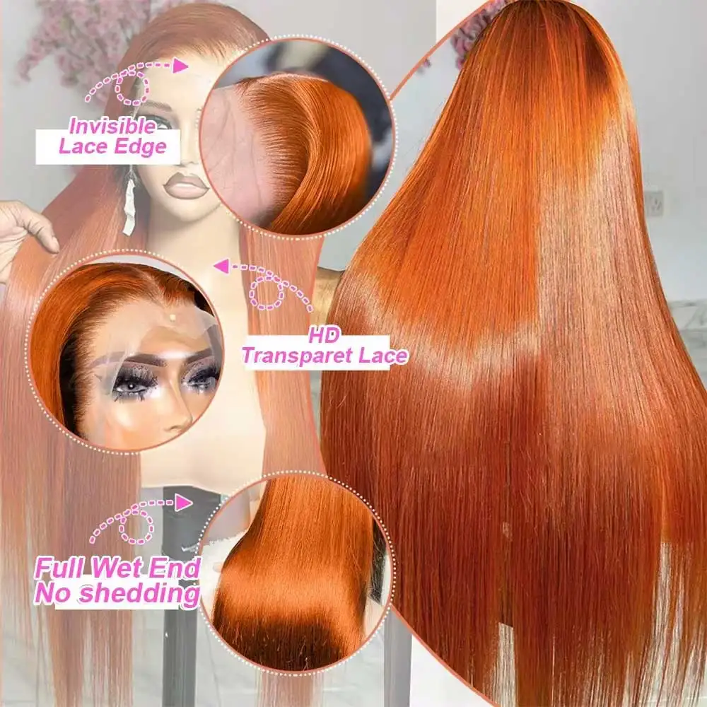 30 بوصة البرتقال الزنجبيل مستقيم الدانتيل الجبهة الباروكات الشعر البشري 350 الملونة البرازيلي 13X4 HD الدانتيل الشفاف الباروكات الأمامية للنساء