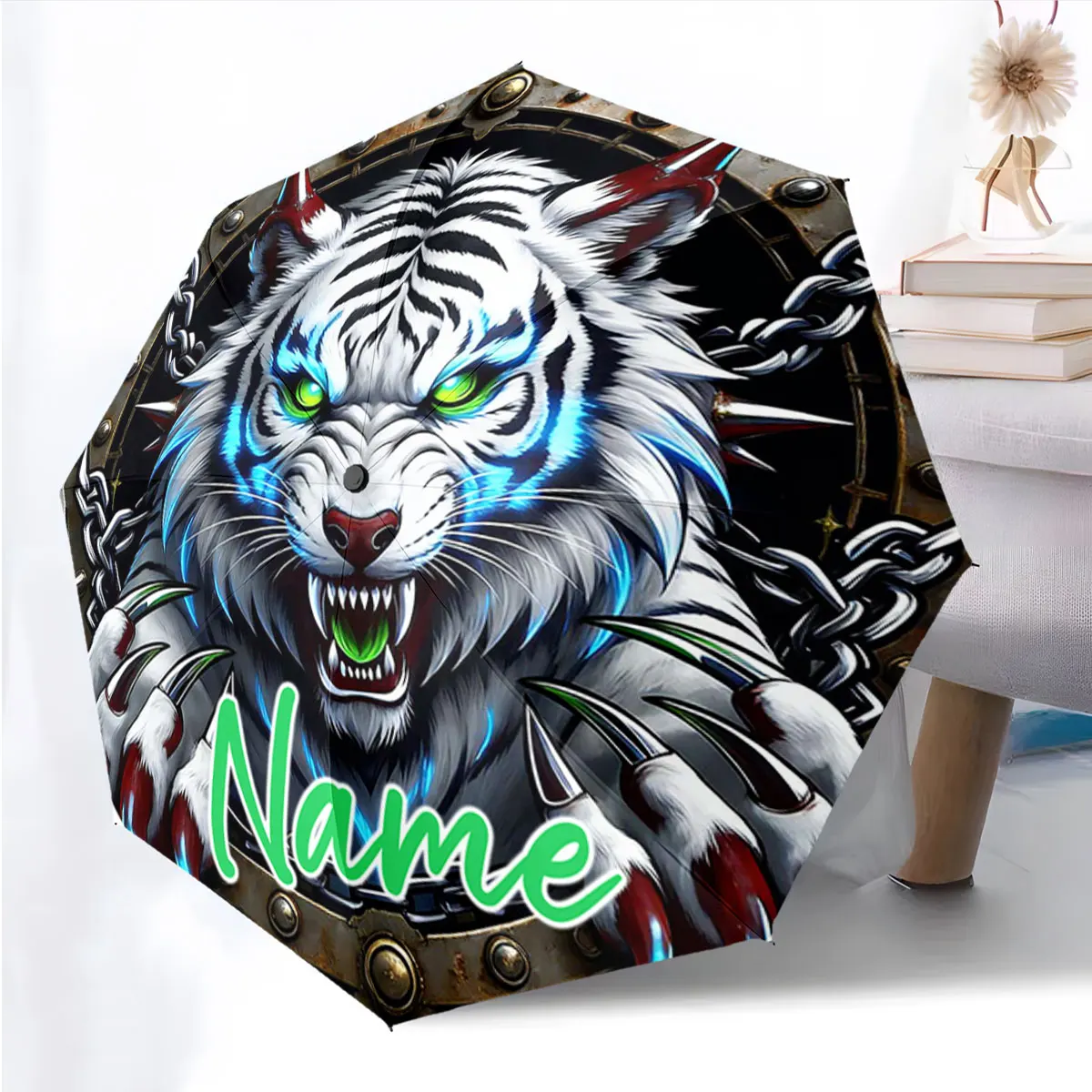 Custom Name Umbrella Fierce Tiger Design Stylish Umbrella Print 8 Iron Ribs Folding Umbrella Auto-Open Fashion Sunshade