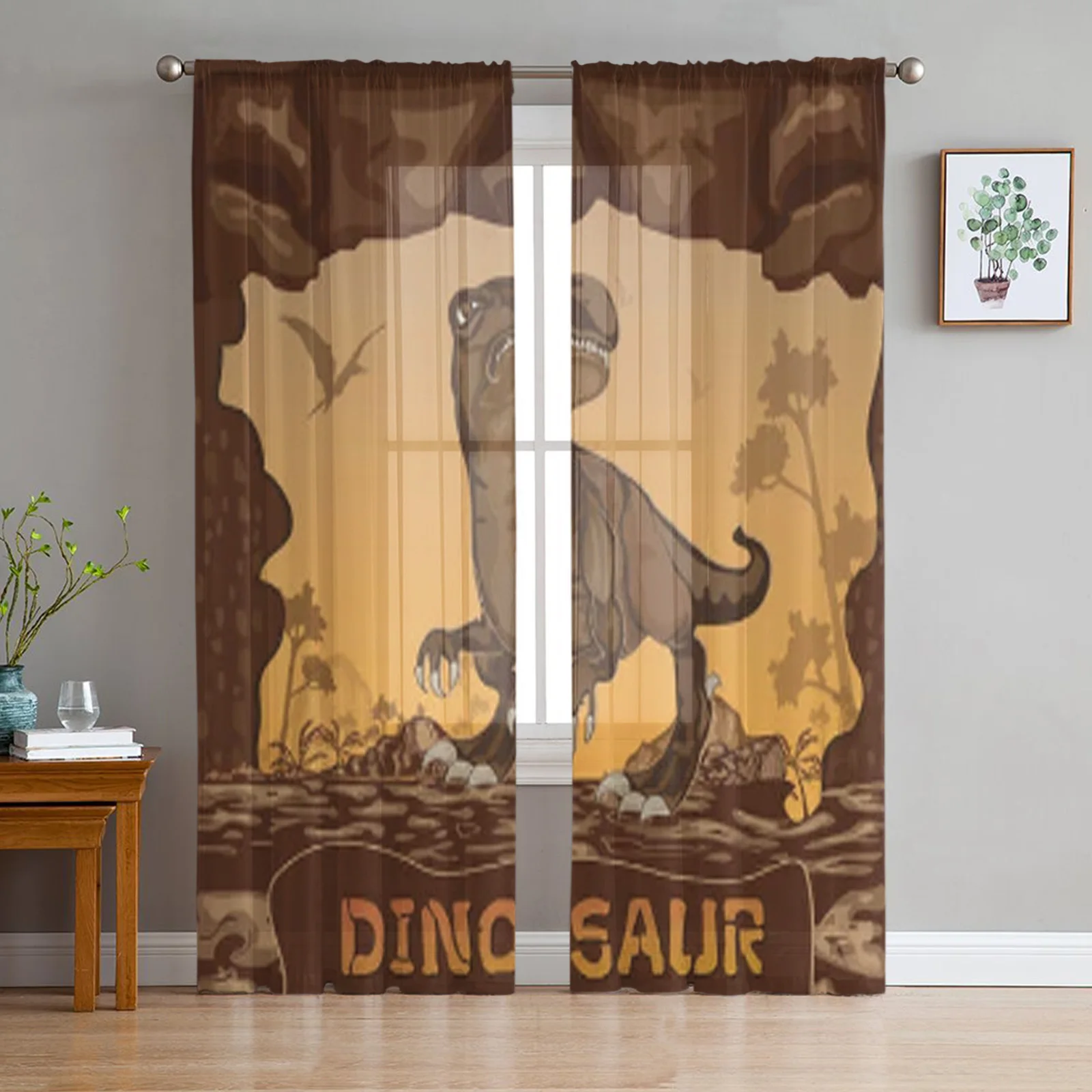 Dinosaur Fly Stone Illustration Sheer Tulle Curtain for Living Room Window Treatment Coffee Party Decor Balcony Drapes