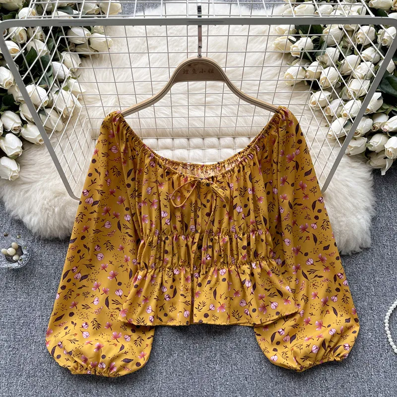 Off Shoulder Puff Sleeves Flower Chiffon Shirt Women's Autumn Versatile Show Thin Temperament Short Top blouses