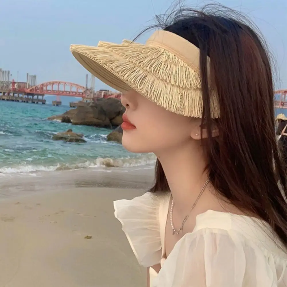 

Ins Designer Tassel Straw Hats Summer Empty Top Empty Top Sun Hat UV Protection Beach Sunshade Cap for Women