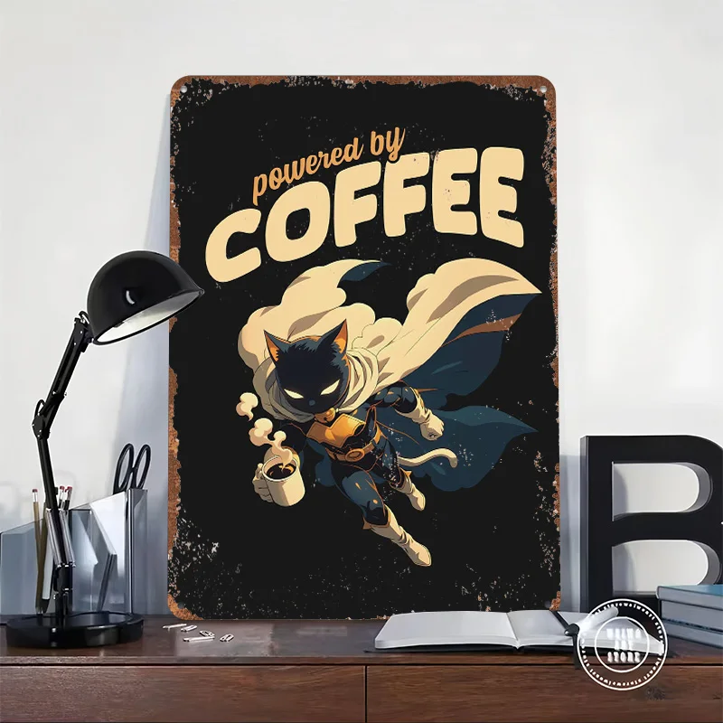 Coffee Cat Superhero Metal Poster Tin Sign Wall Art Things for Room Design Customizable Metal Signs for Home Decoration Decor