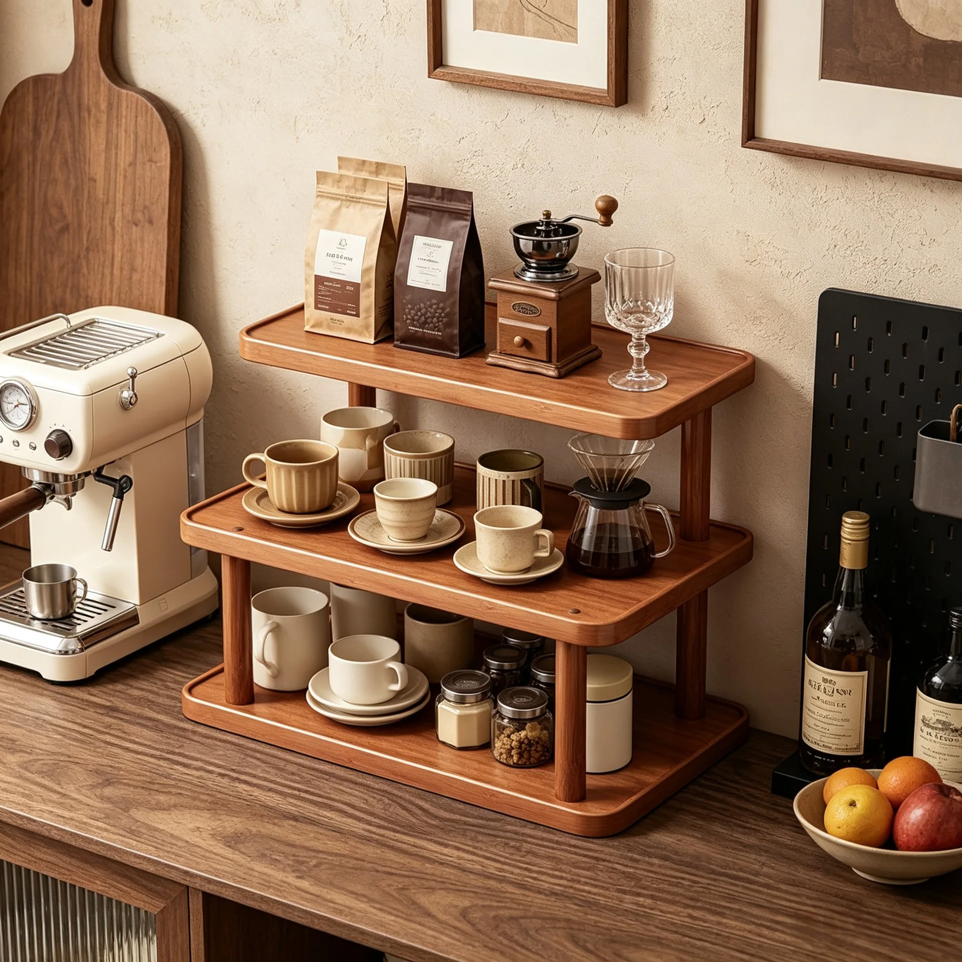 Solid wood desktop rack, coffee machine storage rack, tea set, hand-brewed coffee corner cup, countertop Bogu rack, wooden frame