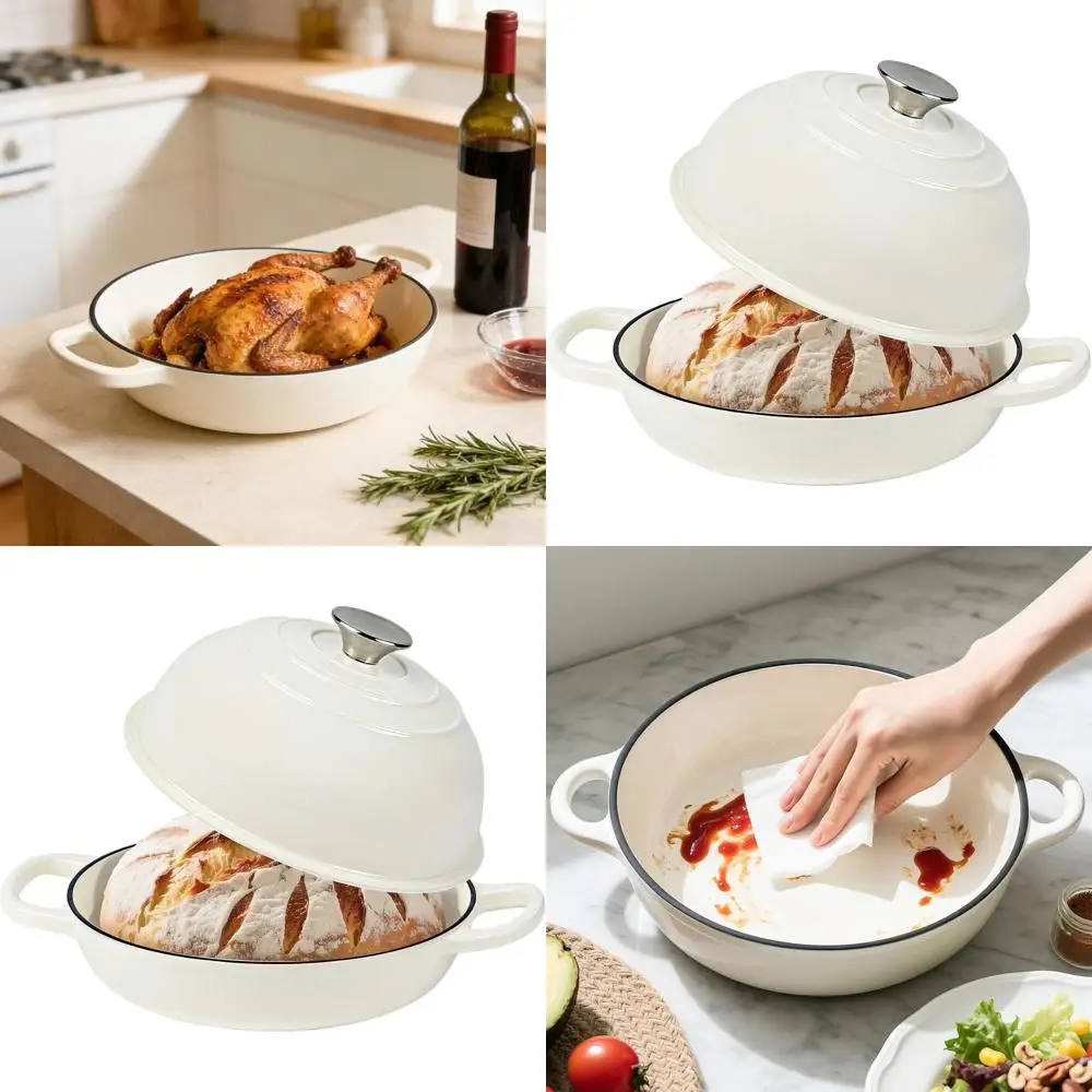 

6-Quart White Enamel Cast Iron Dutch Oven with Dome Lid, Suitable for Baking and Roasting Up to 500°F