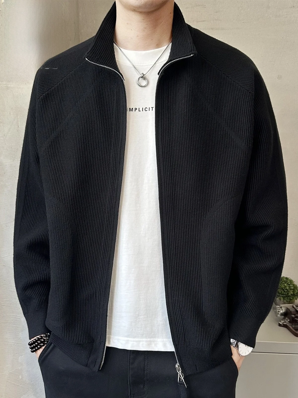 

Мужской открытый кардиган-свитер с воротником-стойкой, свободный повседневный вязаный верх, модная осенне-зимняя молодежная верхняя одежда из полиэстера