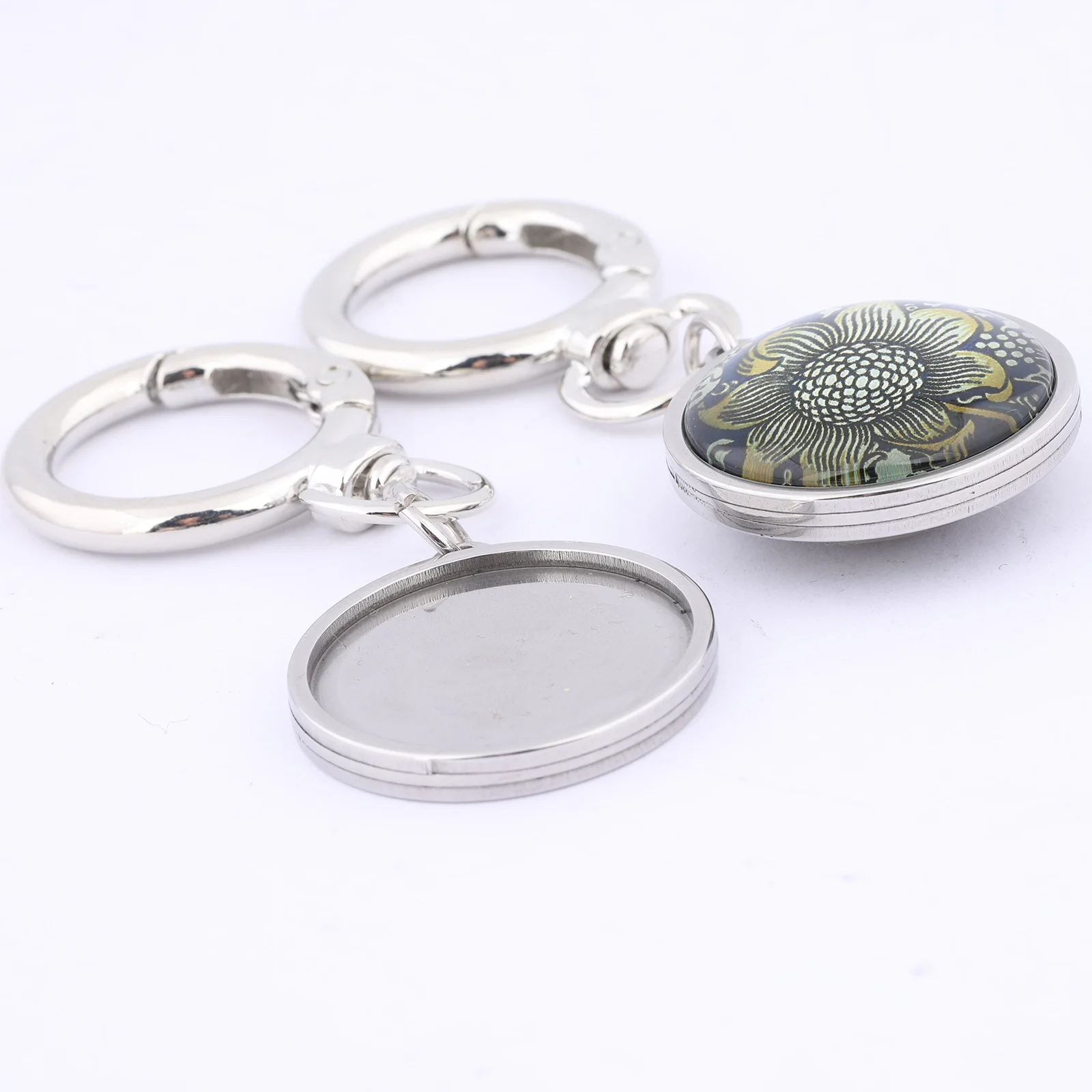 3pcs Stainless Steel Double Side Cabochon Keychain Base Setting Trays 25mm Dia Spring Clasp Keyring Diy Findings