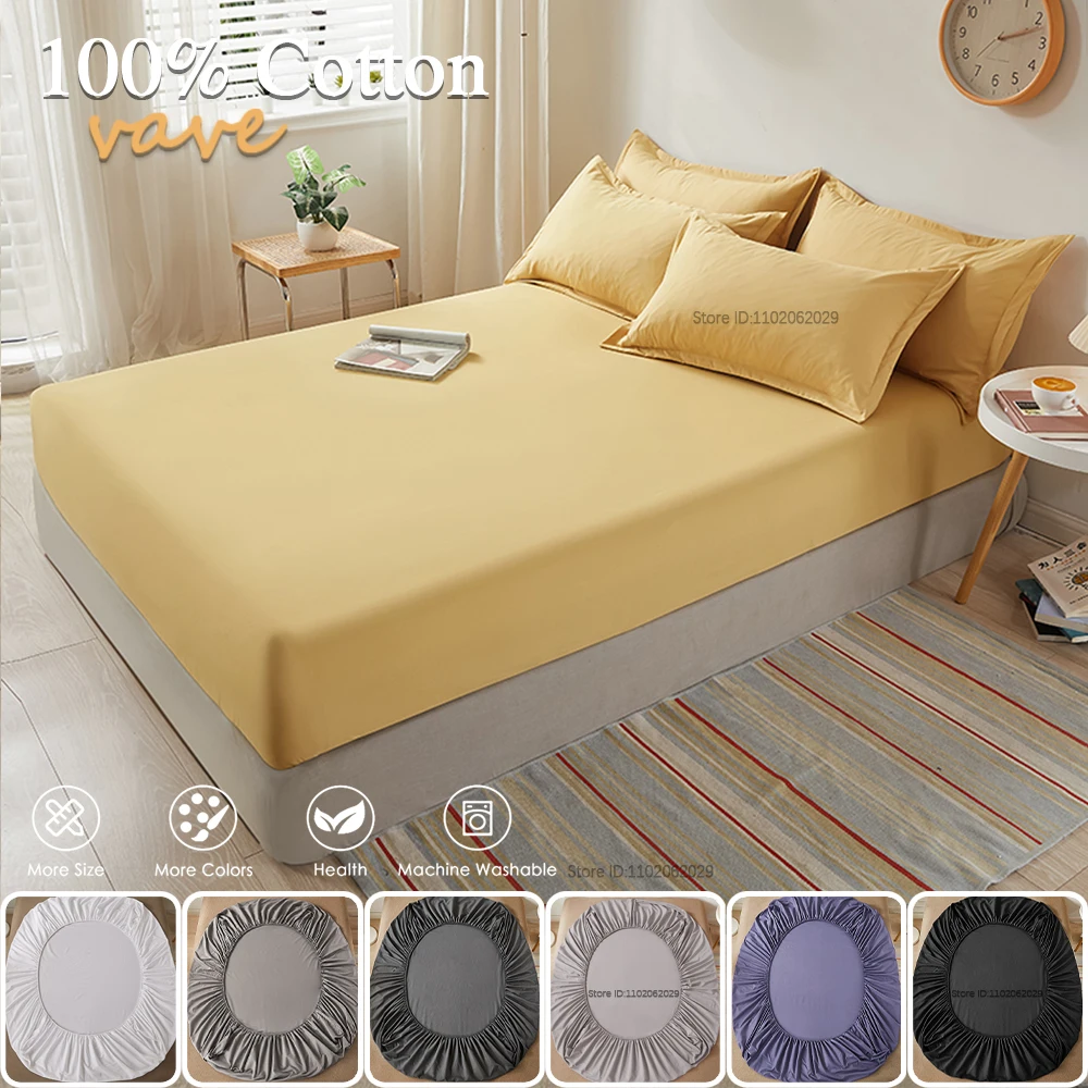 Soft Cotton Fitted Bed Sheet with Elastic Band Solid Color Mattress Cover for Single Double King Queen Bed 140/150/160/180/200