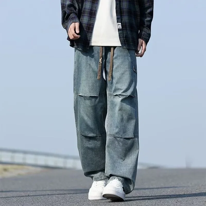 Spring Summer New Fashion Men's Vintage American Style Washed Casual Trendy Loose Wide Leg Straight Spliced Denim Trousers Male