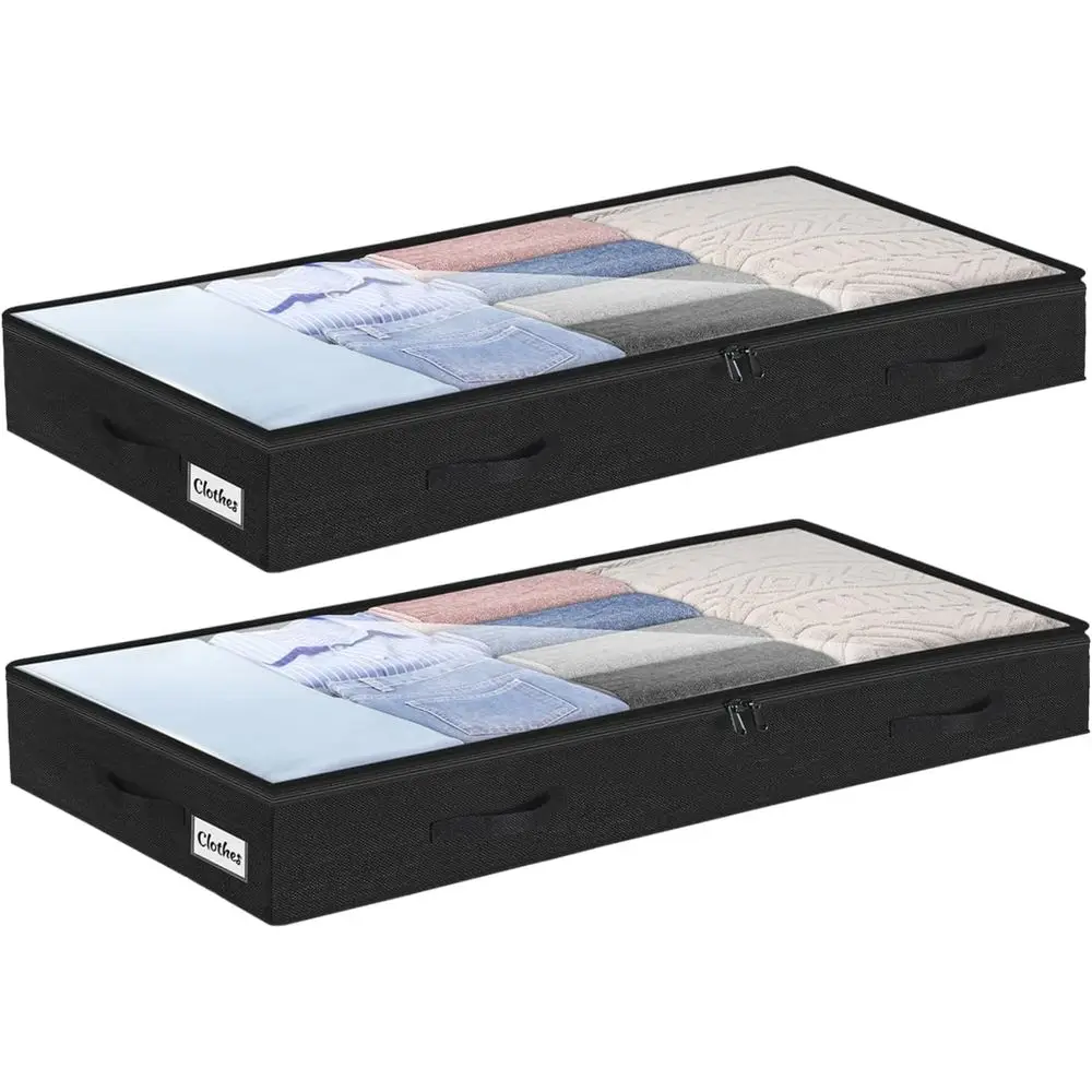 

2-Pack 4 Inch Low Profile Under Bed Storage Boxes, Lightweight Clothes Organizers with Clear Tops and Water-Resistant Fabric for